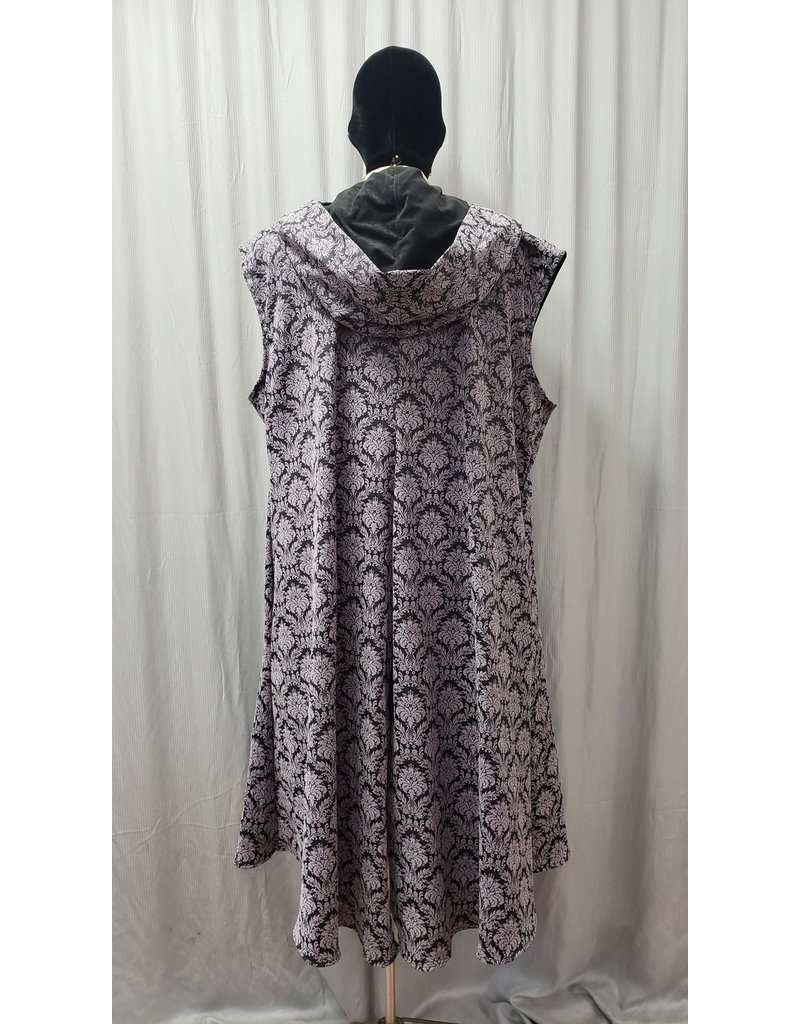 Cloakmakers.com J798 - Black and Lilac Stretch Damask Hooded Vest w/ Pockets, Back Vent