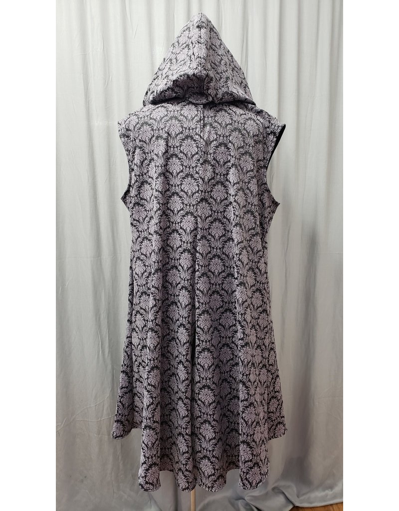 Cloakmakers.com J798 - Black and Lilac Stretch Damask Hooded Vest w/ Pockets, Back Vent