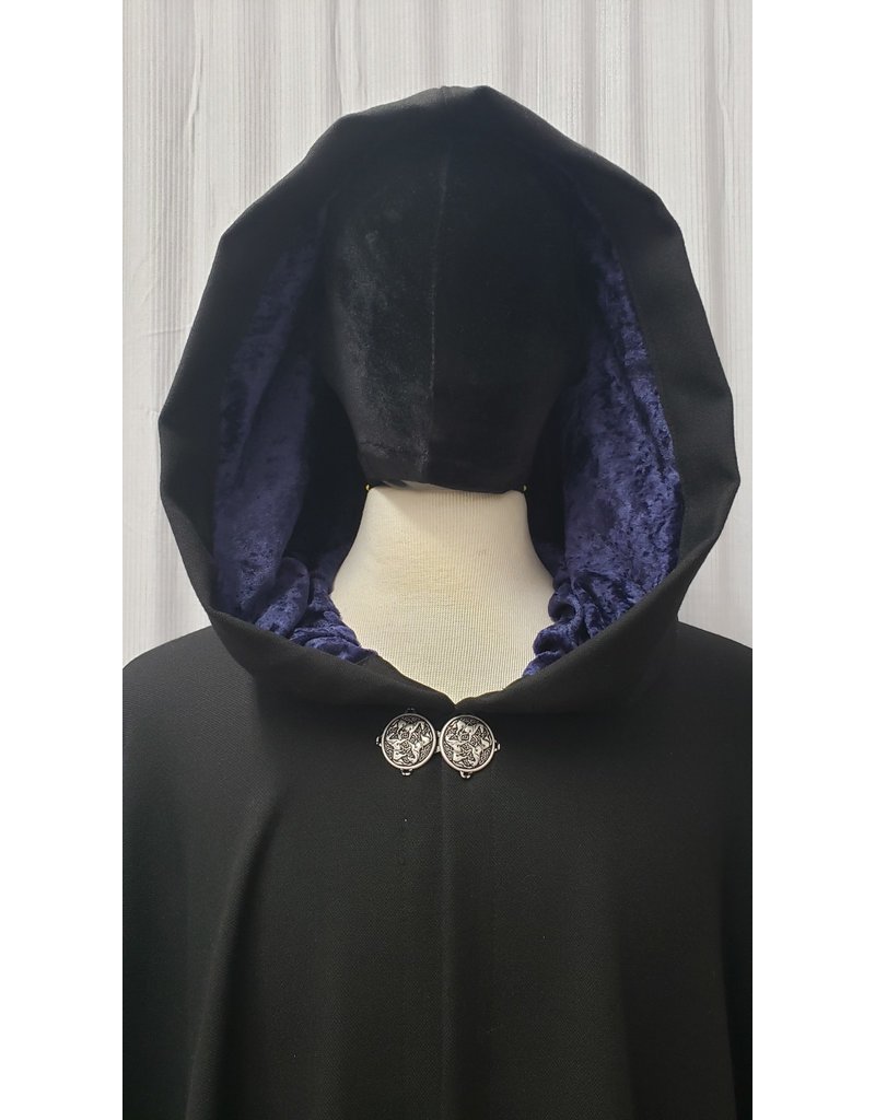 Cloakmakers.com 4913 - Lightweight Black Wool Cloak, Navy Blue Crushed Velvet Hood Lining