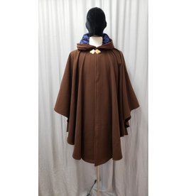 Cloakmakers.com 4921 - Medium Brown Wool Ruana w/ 4 Pockets, Navy Blue Hood Lining