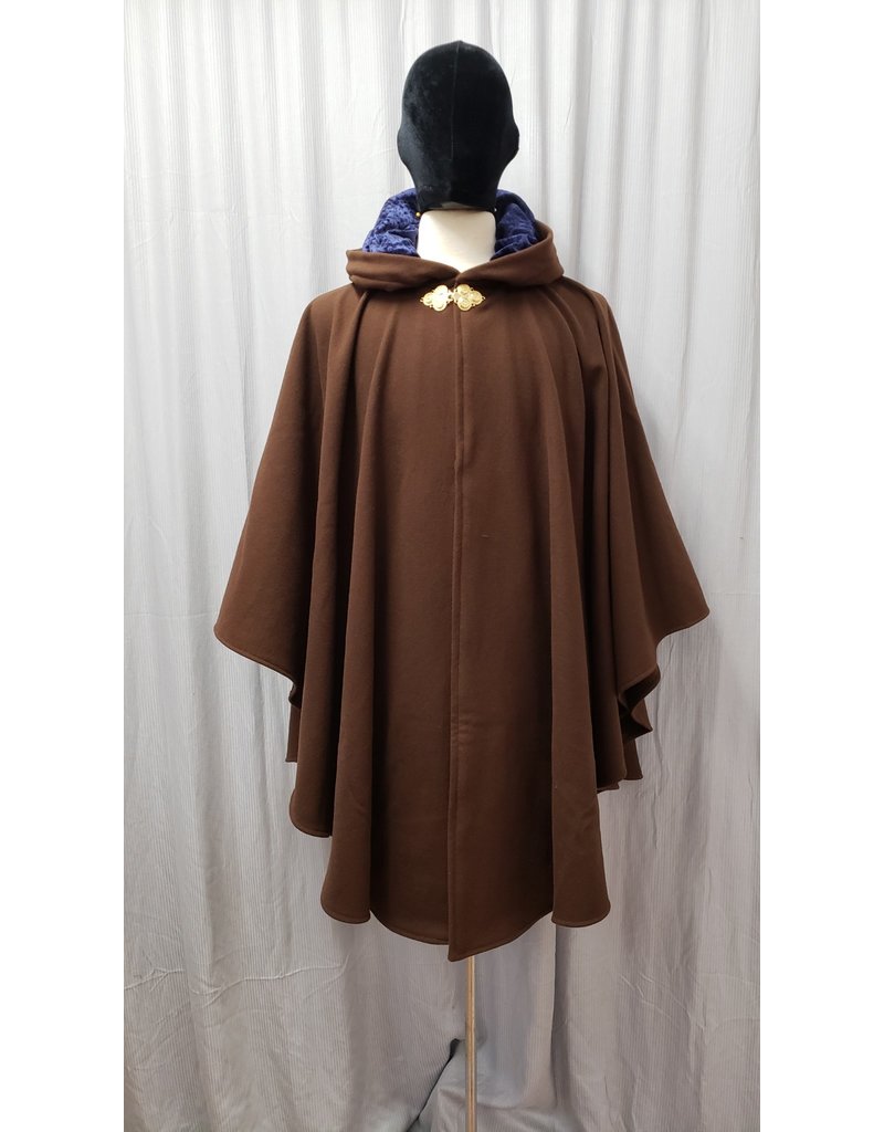 Cloakmakers.com 4921 - Medium Brown Wool Ruana w/ 4 Pockets, Navy Blue Hood Lining