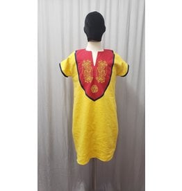 Cloakmakers.com J801 - Yellow Short-Sleeved Linen Tunic w/ Knotwork Dragons on Red Yoke