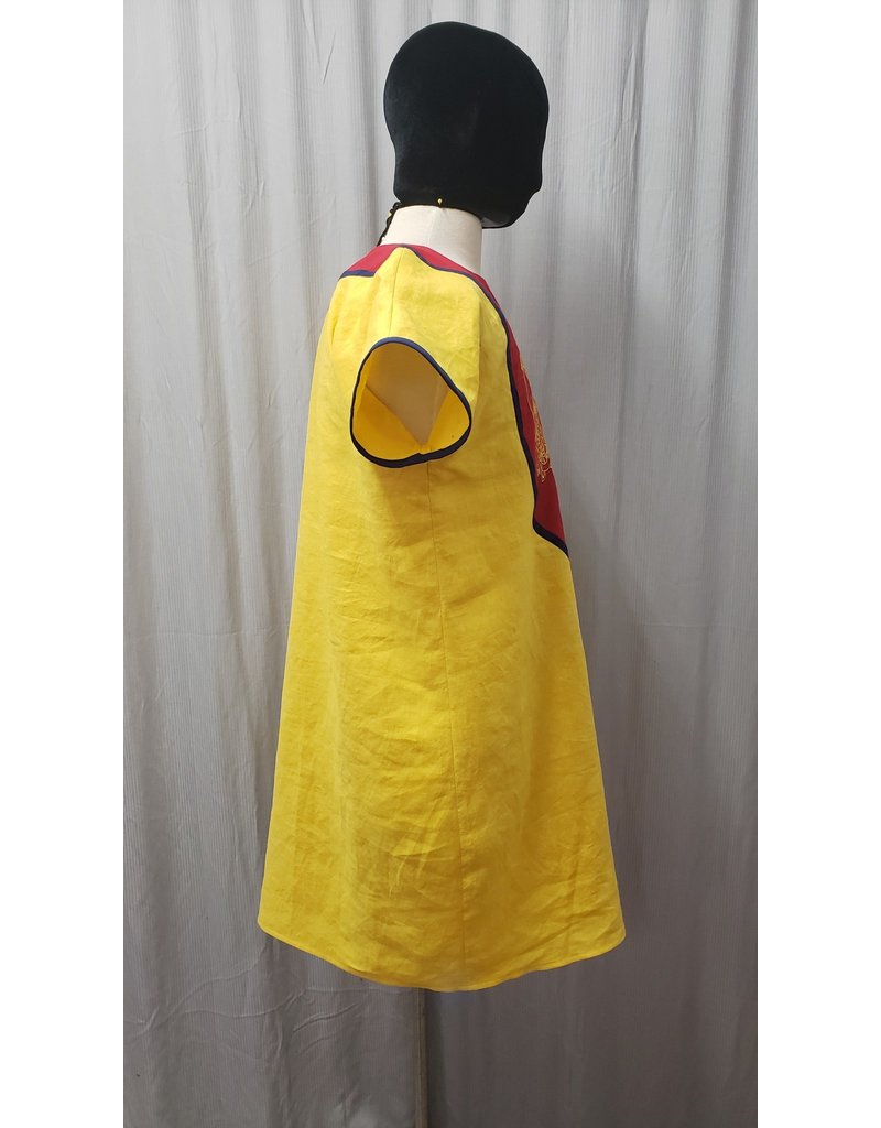 Cloakmakers.com J801 - Yellow Short-Sleeved Linen Tunic w/ Knotwork Dragons on Red Yoke