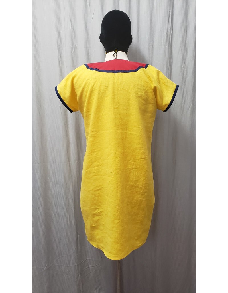 Cloakmakers.com J801 - Yellow Short-Sleeved Linen Tunic w/ Knotwork Dragons on Red Yoke