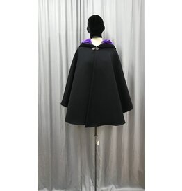 Cloakmakers.com 4794 - Short Black Winter Cloak, Purple Hood Lining, Pewter Clasp