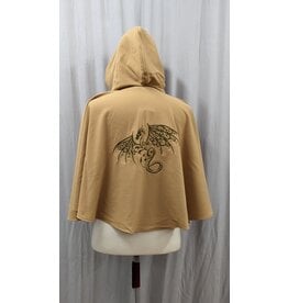 Cloakmakers.com 4974 - Tan Washable Short Cloak w/Dragon Embroidery, Pockets, Green Hood Lining