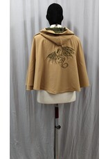 Cloak and Dagger Creations 4974 - Tan Washable Short Cloak w/Dragon Embroidery, Pockets, Green Hood Lining