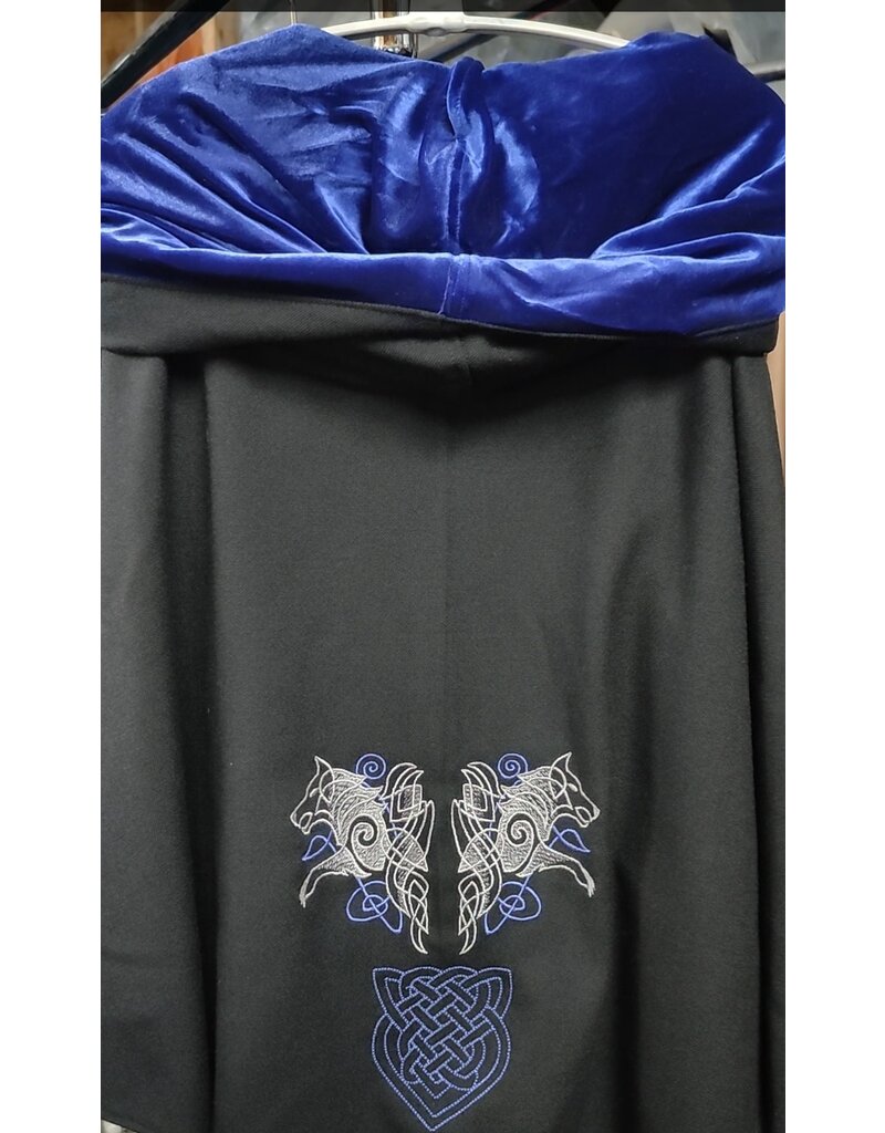 Cloakmakers.com 4980 - Short Black Cloak w/Wolf Embroidery, Pockets, Blue Hood Lining