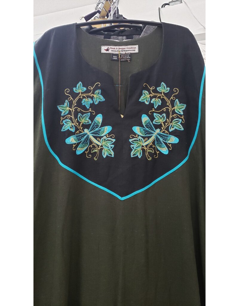 Cloakmakers.com G1160 - Dark Green Short Sleeved Linen Gown w/ Dragonflies and Ivy on Black