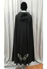 Cloakmakers.com 5001 - Long Black Washable Woolen Cloak w/ Antler & Leaf Embroidery, Green Hood Lining