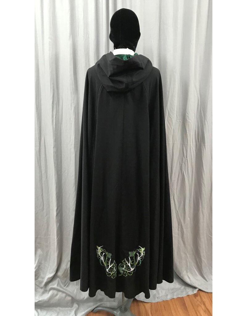 Cloakmakers.com 5001 - Long Black Washable Woolen Cloak w/ Antler & Leaf Embroidery, Green Hood Lining