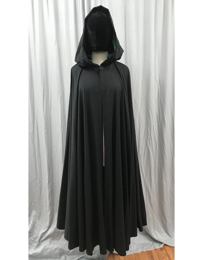 Cloakmakers.com 5001 - Long Black Washable Woolen Cloak w/ Antler & Leaf Embroidery, Green Hood Lining