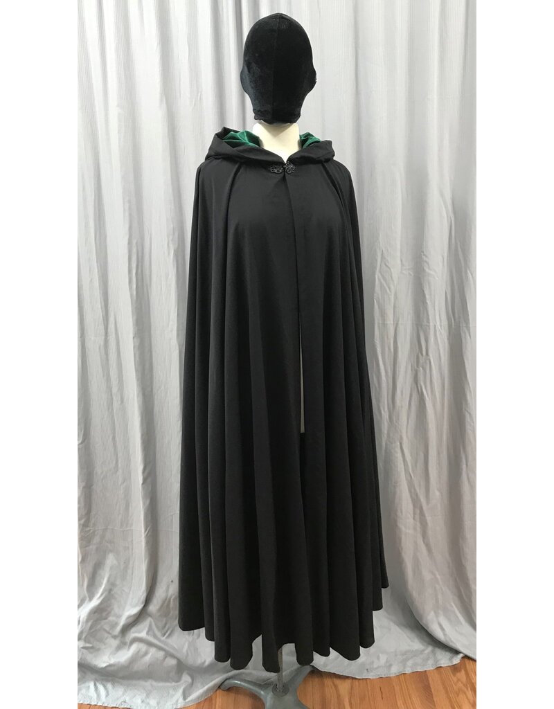 Cloakmakers.com 5001 - Long Black Washable Woolen Cloak w/ Antler & Leaf Embroidery, Green Hood Lining