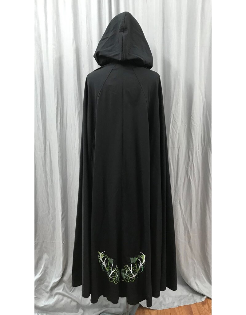 Cloakmakers.com 5001 - Long Black Washable Woolen Cloak w/ Antler & Leaf Embroidery, Green Hood Lining