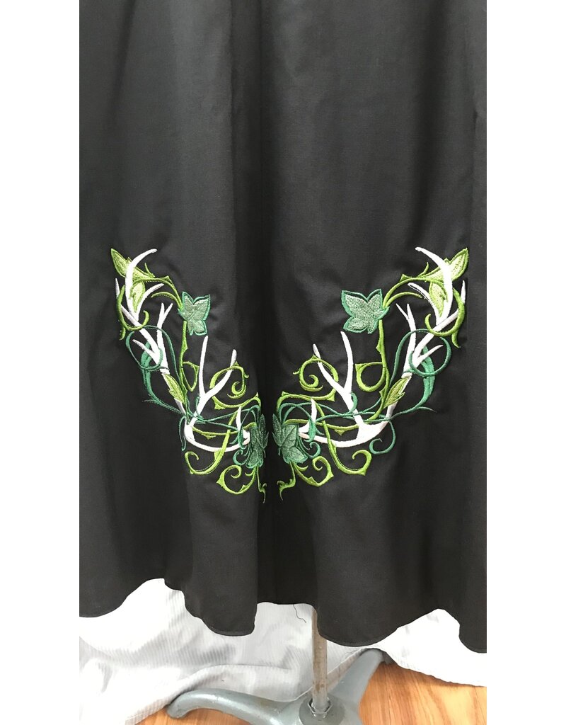 Cloakmakers.com 5001 - Long Black Washable Woolen Cloak w/ Antler & Leaf Embroidery, Green Hood Lining
