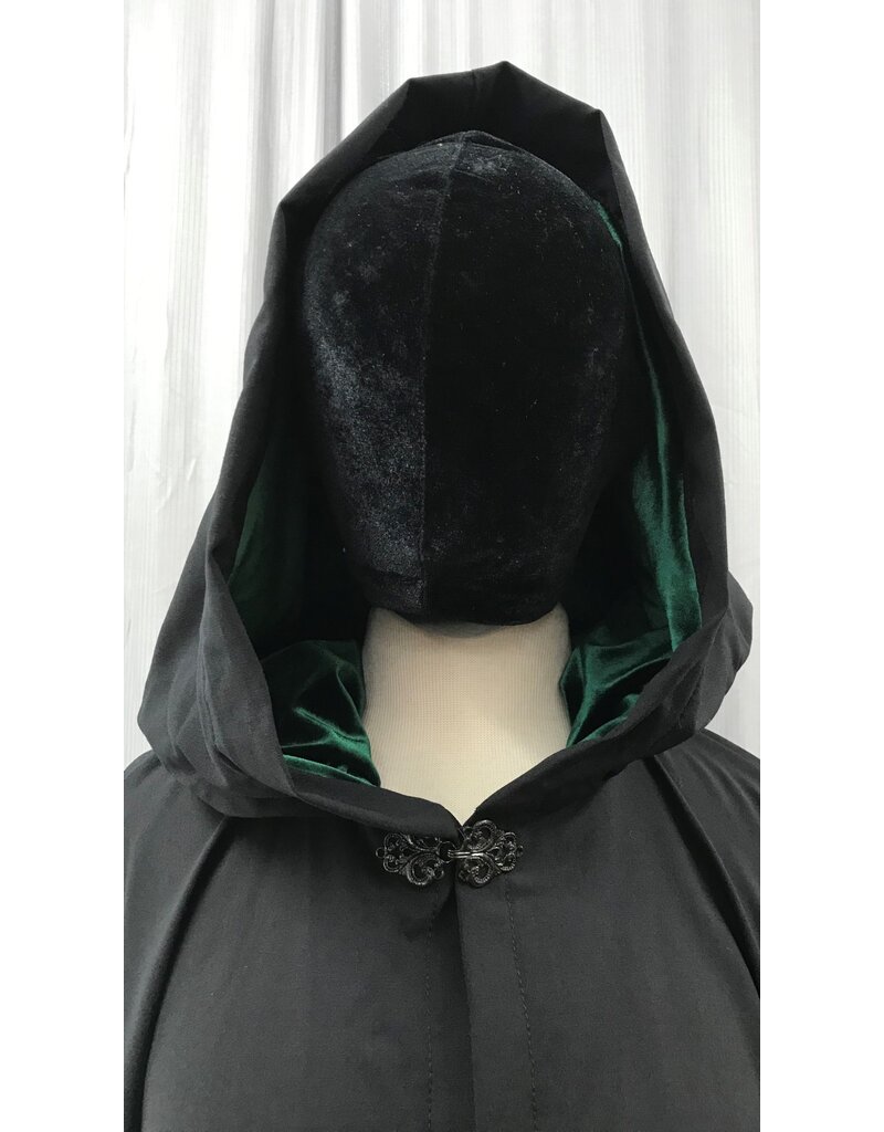 Cloakmakers.com 5001 - Long Black Washable Woolen Cloak w/ Antler & Leaf Embroidery, Green Hood Lining