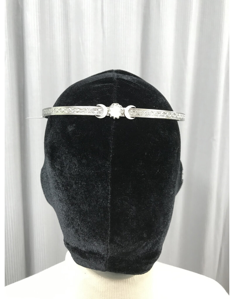Cloakmakers.com Triple Goddess White Moonstone with Crescents on Silvertone Plated Geometric Scroll Band - Circlet