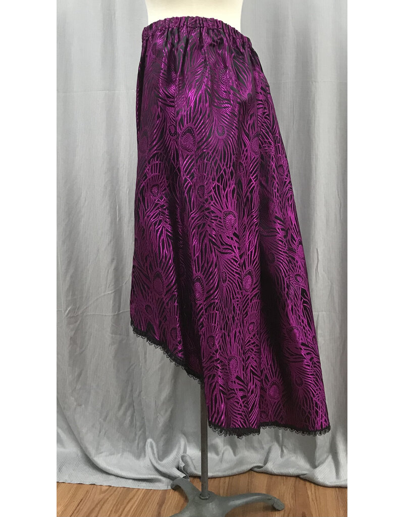 Cloakmakers.com K486 - Purple on Black Peacock Feather Print High/Low Skirt w/Lace Edging