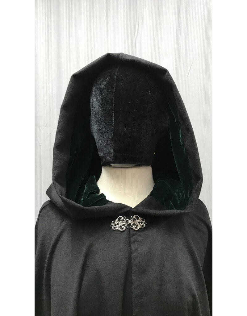 Cloakmakers.com 5004 - Black Cashmere  Commuter Cloak w/ Dark Green Hood Lining, Pockets