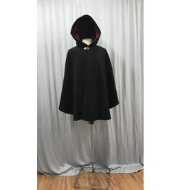 Cloakmakers.com 5111-Short Black Washable Wool Cloak  w/Pockets, Dark Red Lined Hood, Copper-tone clasp