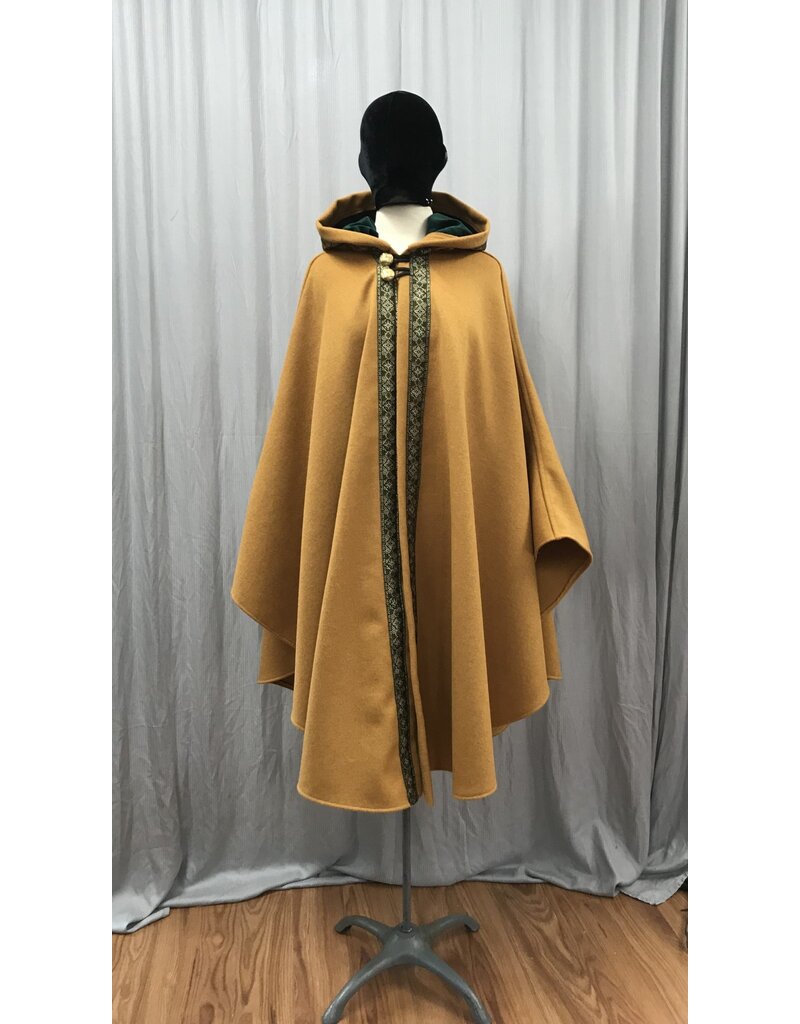 Cloakmakers.com 5123 - Mustard Yellow Shape Shoulder Commuter Cloak, w/Trim, Lined Hood, Button Close