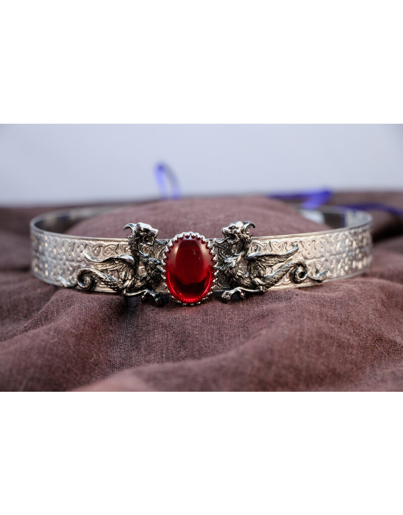 Cloakmakers.com Noble Circlet - Wide Celtic band w/Red Glass  & Wyverns, Silvertone plated