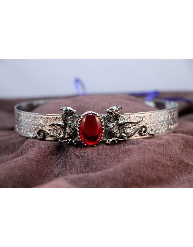 Cloakmakers.com Wide Celtic band w/Red Glass  & Wyverns, Silvertone plated