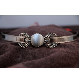 Cloakmakers.com Triple Goddess Grey Catseye Glass Stone with Filigree Crescents on Silvertone Plated Bordered Burnished Band - Circlet
