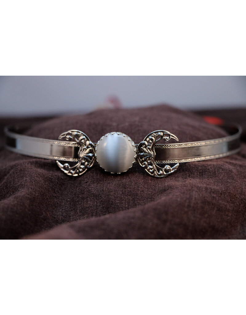 Cloakmakers.com Triple Goddess Grey Catseye Glass Stone with Filigree Crescents on Silvertone Plated Bordered Burnished Band - Circlet