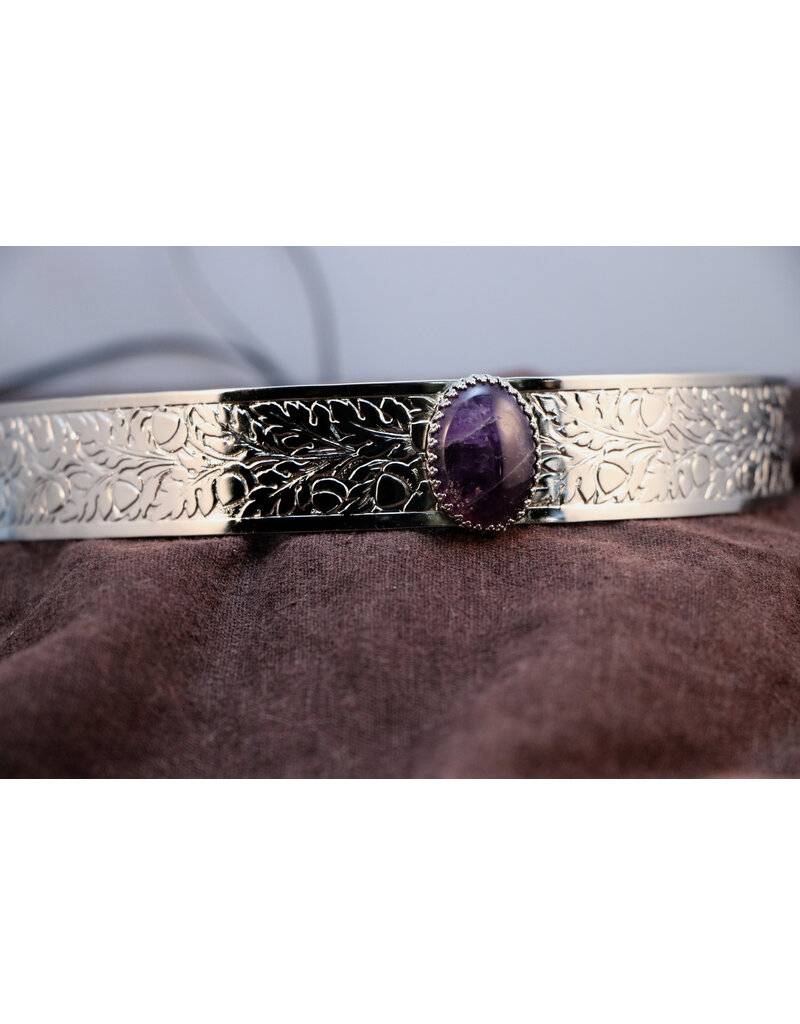 Cloakmakers.com Real Amethyst on Silvertone Plated Wide Oak & Acorn Band - Unisex Circlet