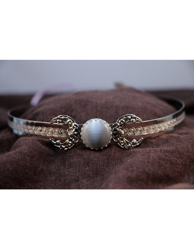 Cloakmakers.com Triple Goddess White Catseye Glass Stone with Filigree Crescents on Silvertone Plated Spiral Center Band - Circlet
