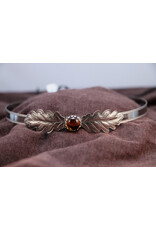 Cloakmakers.com Demeter Circlet - Yellow Circle Glass Stone and Medium Oak Leaves on Bordered Burnished Band