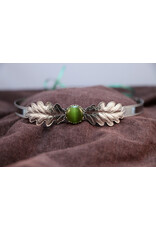 Cloakmakers.com Demeter Circlet - Green Circle Stone and Medium Oak Leaves on Bordered Burnished Band