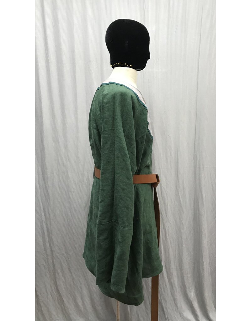 Cloakmakers.com J829 - Green Linen Long-Sleeve Tunic, Wolf Embroidery on Grey  w/Round Triskale, Green Binding