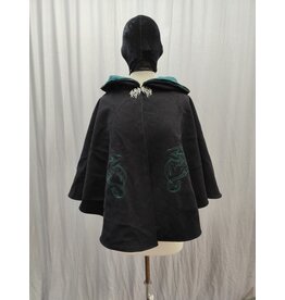 Cloakmakers.com 5172 - Washable Short Black Woolen Cloak w/Dragon Embroidery, Lined Hood