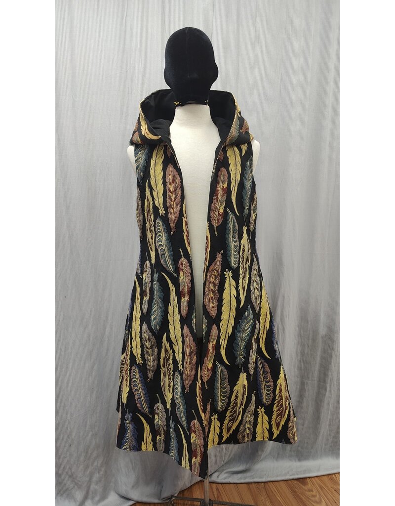 Cloakmakers.com J832 - Feather Tapestry Long Vest w/Pockets, Black Hood Lining