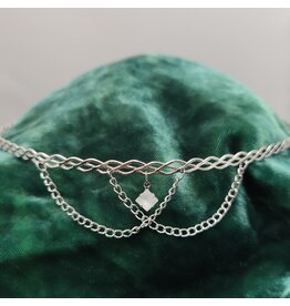Cloakmakers.com Braided Band Circlet w/2 Drapes and White Square Dangle, Silver tone, Cecelia