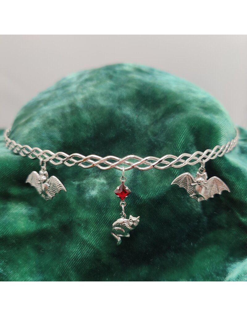 Cloakmakers.com Braided Band Circlet w/ Bat and Cat Dangles, Red Square Stone, Silver Tone Plated - Violetta