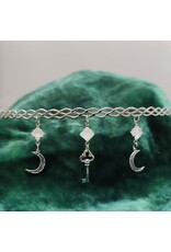 Cloakmakers.com Braided Band Circlet with 3 White Square Dangles, Crescent and Key Dangles, Silver Tone Plated, Violetta