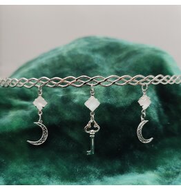 Cloakmakers.com Braided Band Circlet w/3 White Square Dangles, Crescent, Key Dangles, Silver Tone Plated, Violetta