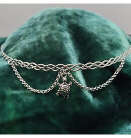 Cloakmakers.com Braided Band Circlet with  Two Drapes and Center Turtle Dangle, Silver Tone Plated