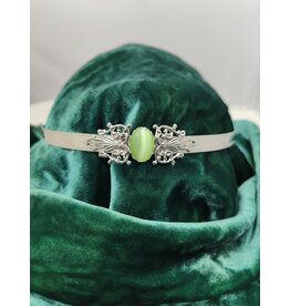 Cloakmakers.com Filigree Heart Ornament Green Catseye Oval Stone, Bordered Burnished Band Circlet