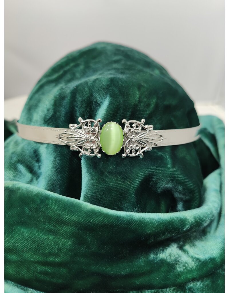Cloakmakers.com Filigree Heart Ornament Green Catseye Oval Stone, Bordered Burnished Band Circlet