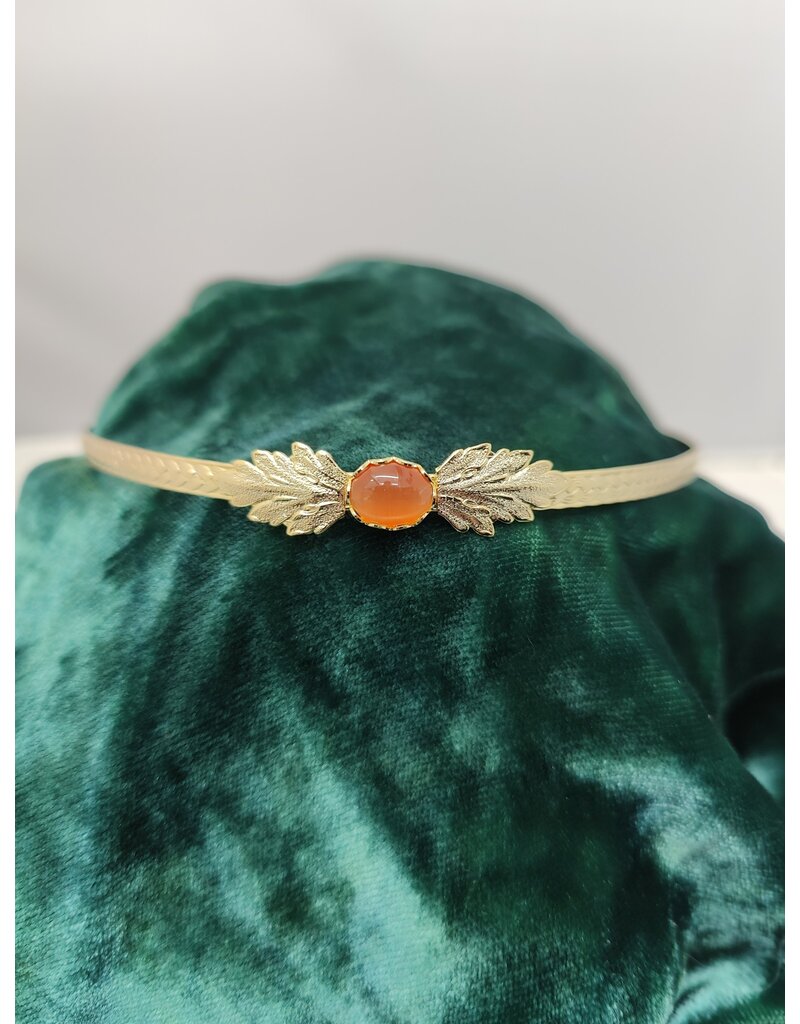 Cloakmakers.com Demeter Circlet - Orange Oval Stone and Tiny Acanthus Leaves on Wheat Pattern Band, Gold Plated