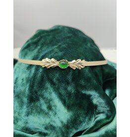 Cloakmakers.com Demeter Circlet - Green Oval Stone and Tiny Oak Leaves on Wheat Pattern Band, Gold Plated