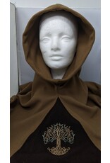 Cloakmakers.com H425 - Brown Woolen Hooded Cowl w/ Tree of Life Embroidery on Dark Brown Panel