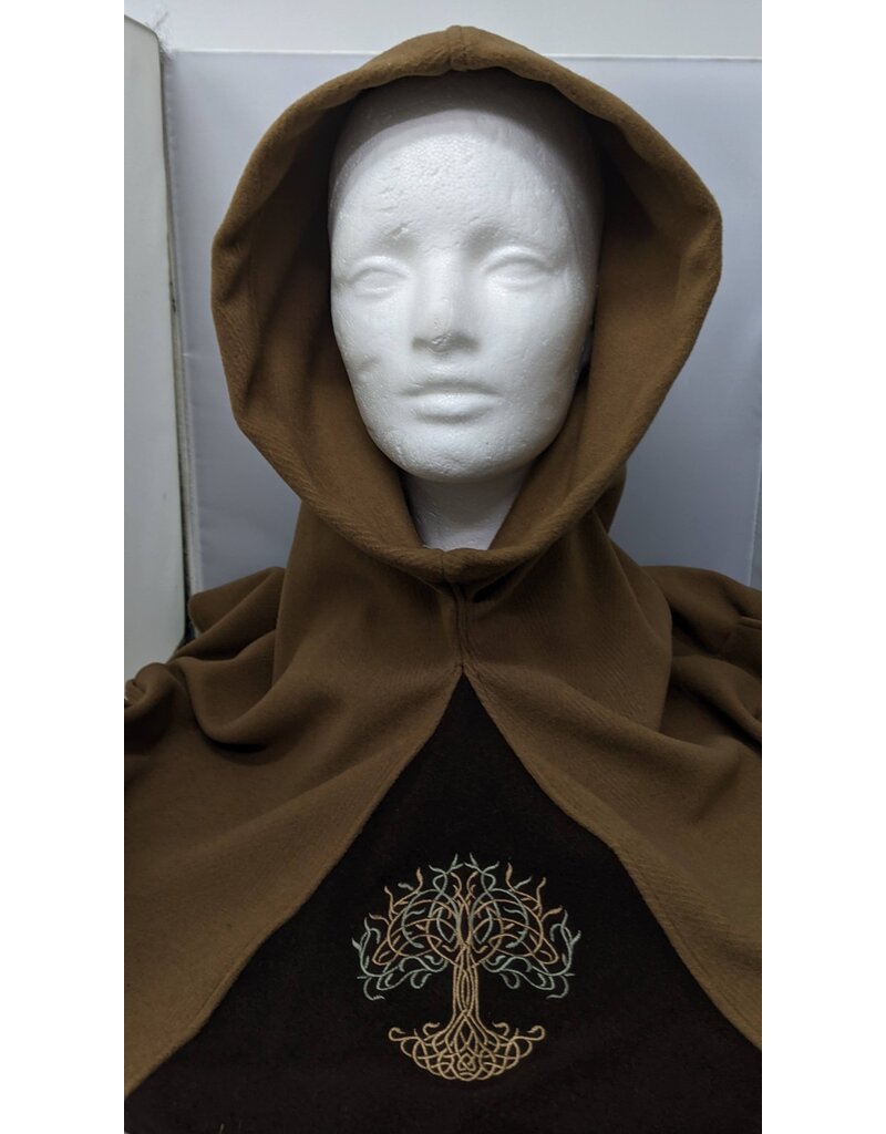 Cloakmakers.com H425 - Brown Woolen Hooded Cowl w/ Tree of Life Embroidery on Dark Brown Panel