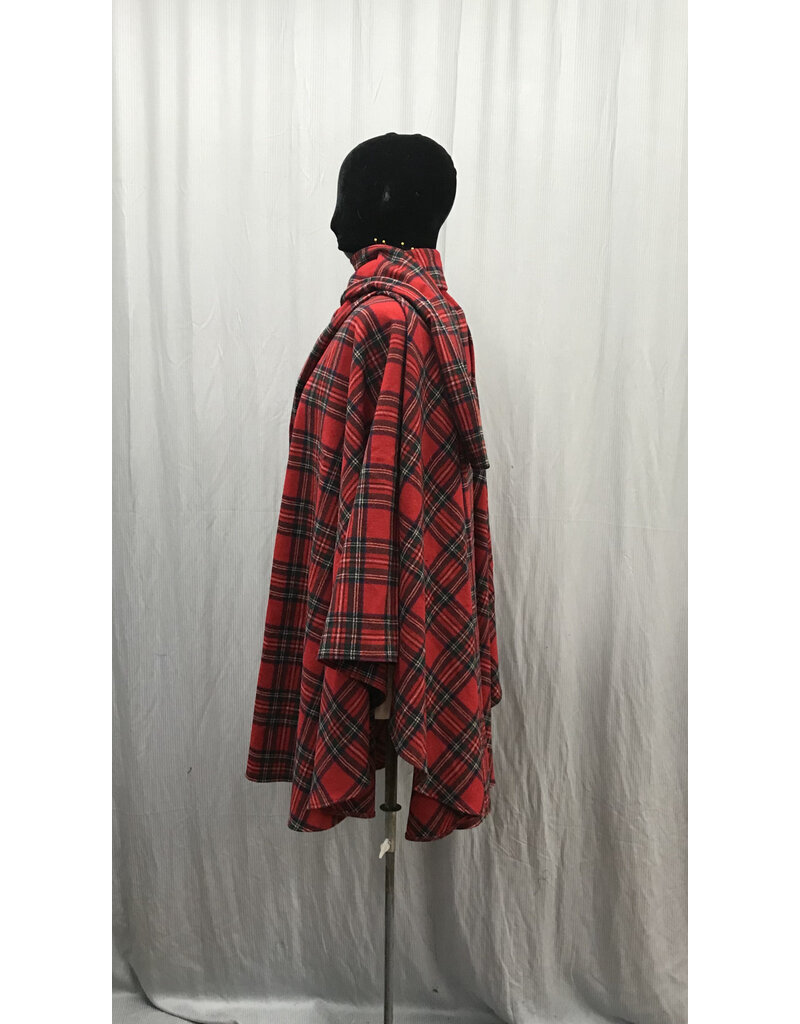 Cloakmakers.com 5195 -100% Wool Red Plaid Commuter Cloak w/ Attached Scarf, Button Closure