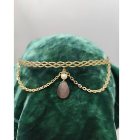 Cloakmakers.com Braided Band with Faceted Brown Catseye Dangle & Faux Pearl, Gold Tone Circlet, Viviene