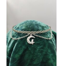 Cloakmakers.com Braid Band Circlet, Silver Tone Plated w/ Crescent Moon & Cat Dangle, Two Chains w/ White Gems, Viviene